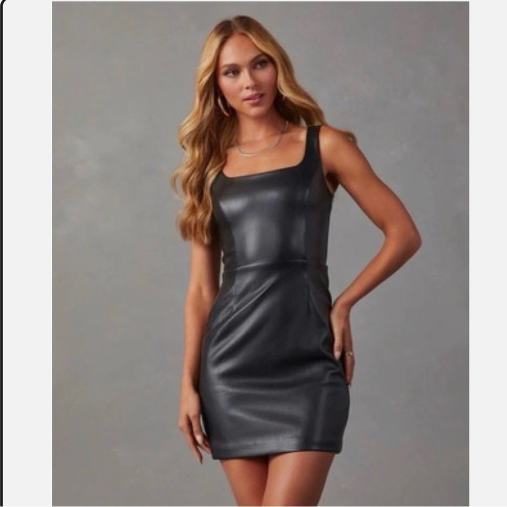 Vici Black Faux Leather Square-Neck Mini Dress